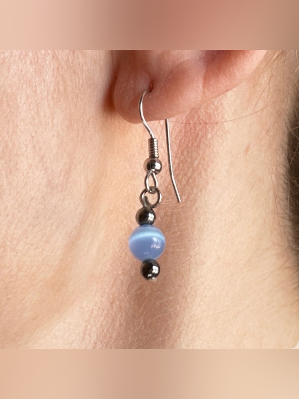 Cobalt Blue Beaded Dangle Earrings Silver Tone Boho Minimalist